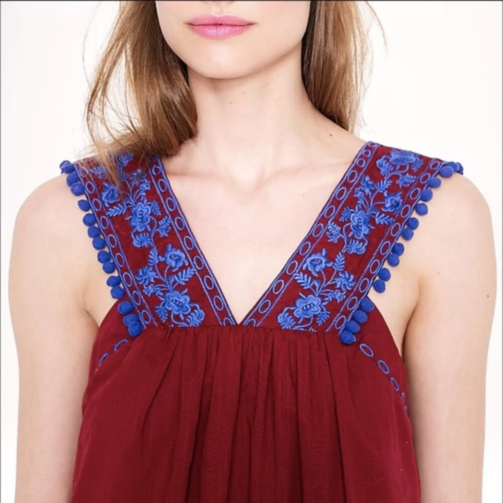 J.Crew Cotton Tank Top Pom-Pom and embroidered v neck line